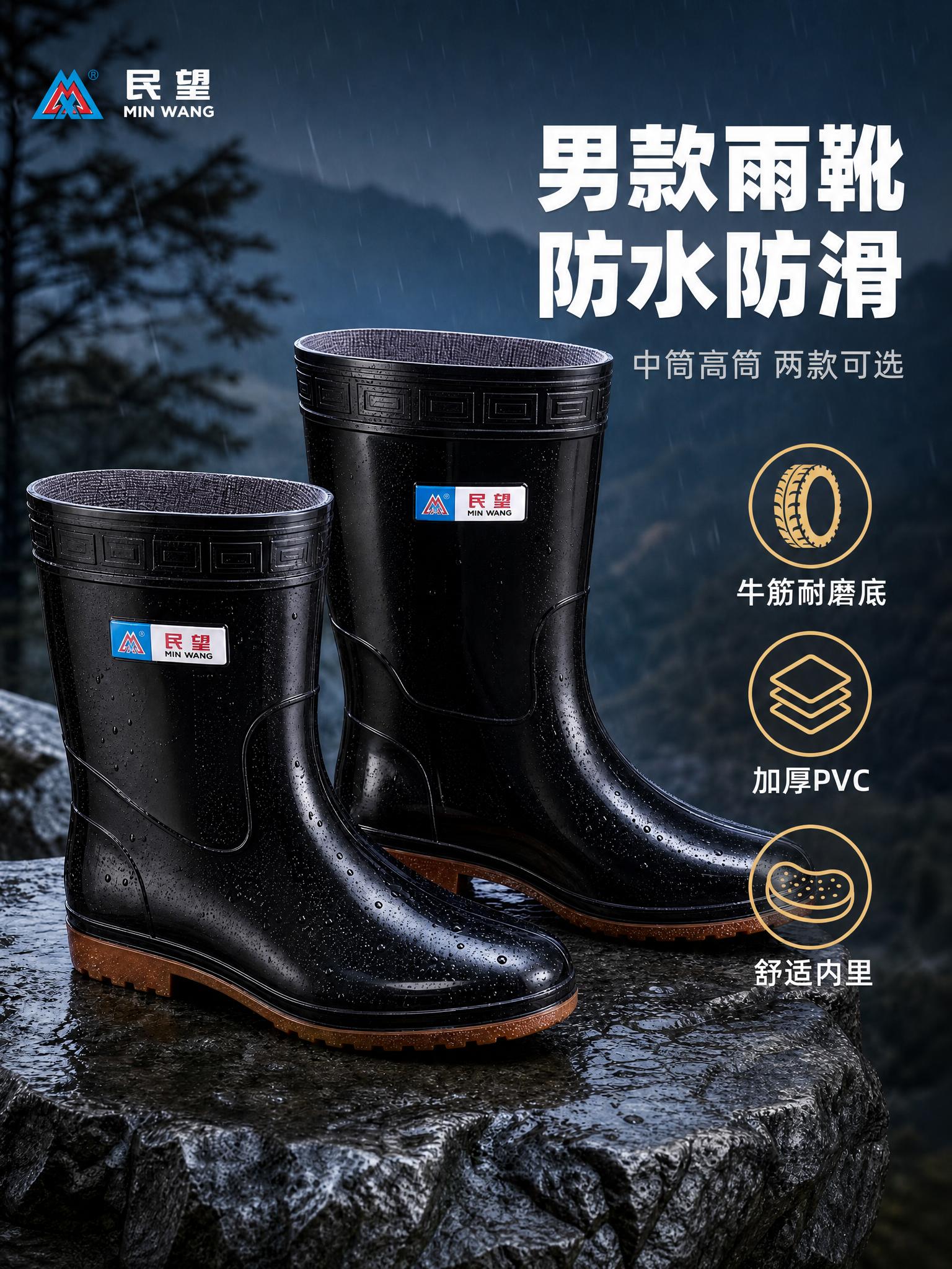 详情页第1张功能头图，民望男款雨靴防水防滑主视觉。中筒和高筒两… - 图片创意预览