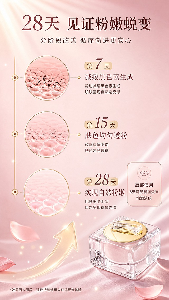 [商品] 使用【图2】莱壹媄焕肤套水晶方瓶产品小图点缀；保留透明水晶方瓶结构、金色内盖和通透质感；产品缩小置于右下角，占画面约15%，作为品牌视觉锚点。
[画面] 目标：阶段效果页，用时间轴形式展示7天/15天/28天的渐进改善过程，建立合理效果预期。构图：左侧纵向时间轴，从上到下3个阶段节点，每个节点配圆形肌肤状态示意图（从深到浅的粉色渐变表现提亮过程）；右侧对应阶段文字说明；右下角点缀产品小图；背景为柔粉色渐变，搭配金色光点和上升箭头元素，表达渐进改善；画面层次清晰，数据感与美感兼具。
[视觉] 套系策略：风格=高级轻奢女性护理商业摄影风；标题字=优雅衬线粗体；正文字=简洁现代无衬线体；主色=柔粉玫瑰金；背景延展=基于柔粉色做深浅渐变、水光光晕和丝绸质感层次；强调色=香槟金，仅用于小面积图标、引线、标签和光点装饰；标题色=深玫瑰棕；正文色=暖灰棕；组件=圆角半透明信息卡、细金线引线、花瓣装饰元素；光影=左上侧暖柔光，产品通透高光，整体柔焦氛围感。
[文字] 顶部主标题「28天 见证粉嫩蜕变」，副标题「分阶段改善 循序渐进更安心」；时间轴3阶段：「第7天 减缓黑色素生成」「第15天 肤色均匀透粉」「第28天 实现自然粉嫩」；右侧补充小卡片「唇部使用 6天可见粉唇效果 饱满淡纹」；全部文字横向排版，阶段数字放大突出，手机端清晰可读。
[规格] 图片比例9:16竖版，4K，避免变形、错字、文字过小、冷蓝背景、低俗擦边、绝对化用语、医疗功效承诺、夸张前后对比。