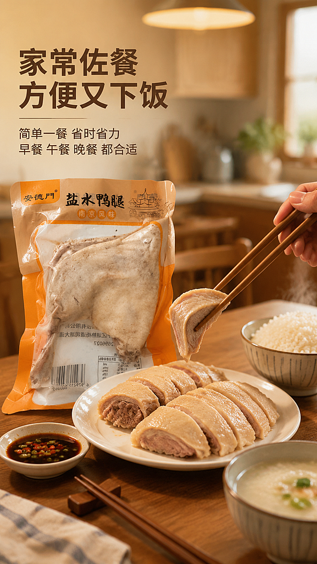 [主图-4] 盐水鸭腿家常佐餐场景，生活方式代入。
[氛围风格] 温馨家常餐桌场景，真实自然有生活气息，唤起食用联想。
[画质] 生活方式美食摄影，光线温暖柔和，画面有烟火气。
[元素] 画面中央为中式家庭餐桌场景，一盘切好的盐水鸭腿摆放在餐桌中间（鸭皮白净、摆盘整齐），旁边是一碗冒着热气的白米饭、一小碟醋汁蘸料、一双竹筷、一小碗清粥。餐桌一角放着一袋未开封的安德门盐水鸭腿包装袋（保持产品外观与输入图完全一致），作为产品来源暗示。背景是模糊的厨房环境，有暖光吊灯。画面右侧露出一只手正用筷子夹起一块鸭腿（仅露出手部局部，避免面部）。商品主体（装盘鸭腿+包装袋）占画面约60%。
[光影] 暖黄色餐桌吊灯主光，环境光柔和补光，整体暖调温馨，食物表面有温润光泽，阴影柔和自然。
[配色] 主色暖木棕+米黄；辅色产品橙；强调色鸭皮白净与米饭纯白。
[视角构图] 45度俯视，餐桌为视觉中心，前中后景分层，背景厨房虚化，突出餐桌食物。
[文字版式] 左上负空间左对齐，主标题「家常佐餐 方便又下饭」，下方辅助短句「简单一餐 省时省力」，再下方「早餐 午餐 晚餐 都合适」。文字深棕色，粗黑体主标题，细黑体辅助文，层级分明。
[输出要求] 9:16比例，文字清晰锐利，超高清生活方式美食摄影质感。
[负向提示词] 变形，文字错乱，人物面部，手部畸形，背景杂乱，水印，电商平台Logo，百年老字号字样，夸大宣传。