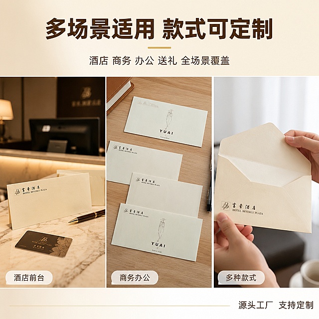 [主图-3] 酒店信封多款式多场景应用展示图。
[氛围风格] 1688 B端场景化展示，商务酒店真实使用场景；
[画质] 商业摄影质感、场景真实自然、产品清晰融入环境。
[元素] 画面采用上标题下三宫格布局。下方三张小图分别展示不同使用场景：1）左侧图：酒店前台场景，米黄色定制信封放置在大理石前台桌面上，旁边有房卡与签字笔，体现酒店商务使用场景；2）中间图：办公桌面场景，多枚不同LOGO款式的信封整齐排列，展示丰富的定制款式，包括富豪酒店款与YUAI插画款等；3）右侧图：信封被手持展示封口开启状态，展示内部结构与使用方式。所有信封保持米黄色特种纸材质与输入图一致。**保持信封产品外观、材质、颜色、LOGO样式与输入产品图一致，杜绝变形色差，场景中自然融入**。
[光影] 整体暖色调柔和光线，酒店场景暖黄光，办公场景自然光，手持场景窗边柔光，各子图光影统一协调，信封均有自然接触阴影。
[配色] 主色调米黄、暖木色、大理石白；辅色深棕、金色点缀；整体温暖商务风。
[视角构图] 上方标题区约占20%高度，下方三宫格等宽排列，每格内场景构图饱满，信封为视觉焦点，三格视角各不相同（平视、俯视、手持侧视），避免重复。
[文字版式] 顶部主标题大字粗体："多场景适用 款式可定制"，深棕色；下方副标题小字："酒店 商务 办公 送礼 全场景覆盖"。三宫格每张小图左下角配白色半透明圆角标签，分别标注"酒店前台""商务办公""多种款式"，标签内文字深棕色清晰可读。底部右侧有"源头工厂 支持定制"小字标识。
[输出要求] 1:1比例，文字清晰可辨，超高清商业摄影质感。
[负向提示词] 变形，文字错乱，产品图模糊，背景杂乱，水印，电商平台Logo，多余的手指，畸形手，手部扭曲，人物面部扭曲。
