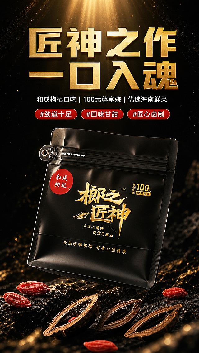 [商品] 使用【图1】榔之匠神和成枸杞槟榔黑色包装袋；保留黑色哑光包装、金色"榔之匠神"书法字体、红色"和成枸杞"圆形标签、100元尊享装标识、拉链封口、PULL TAB TO OPEN易撕口、底部健康警示语；修复包装褶皱，增强烫金质感和哑光黑材质细腻度，不改变包装结构和文字内容。
[画面] 目标：首屏海报，震撼吸睛确立高端调性。构图：上文下图，产品居中偏下呈45度角悬浮，占画面55%。前景散落3-5颗饱满红色枸杞和切开的槟榔果，中景为产品主体，背景为深邃黑色渐变带金色光束从上方洒下。阅读动线：顶部大标题 → 中部副标题和卖点标签 → 底部产品主体。
[视觉] 套系策略：风格=拼多多高端食品黑金详情页，大字报风格；标题字=粗黑体+烫金效果，厚重有力；正文字=简洁黑体；主色=深邃炭黑；背景延展=基于深黑做渐变层级、暗金纹理、金色光束和粒子光效；强调色=中国红（枸杞红），仅用于小面积标签、图标和卖点高亮；标题色=烫金色渐变；正文色=米白色；组件=圆角黑金信息卡、金色引线、红色胶囊标签；光影=左前侧暖光+顶部金色轮廓光，产品立体感强。
[文字] 顶部居中主标题："匠神之作 一口入魂"，烫金大字，占画面宽度70%。主标题下方副标题："和成枸杞口味 | 100元尊享装 | 优选海南鲜果"，白色小字。副标题下方3个红色胶囊卖点标签："#劲道十足"、"#回味甘甜"、"#匠心卤制"，横向排列。文字区不遮挡产品主体。
[规格] 图片比例9:16竖版，4K分辨率，负向提示：避免变形、错字、文字模糊、冷蓝色调、包装文字错乱、产品比例失真、低清晰度。