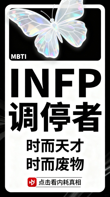 竖版海报，从上到下排版：顶部1/3面积放一个大号半透明白色蝴蝶象征物；往下小字"MBTI"在角落，然后巨大粗体黑色字母"INFP"，再下面稍小字体中文"调停者"；再往下两行文字"时而天才"、"时而废物预览效果