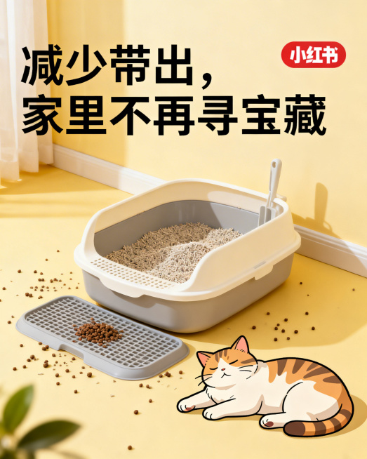 小红书风格，奶黄色温馨背景，画面展示猫砂盆周围干净整洁、无散落颗粒的场景，搭配猫咪慵懒躺卧插画, 突出文案"减少带出，家里不再寻宝藏"，整体风格治愈放松，传递产品使用后的省心体验预览效果