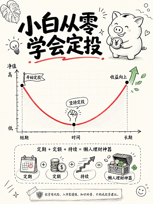 手绘线条风格信息图封面，竖版3:4，米白色纸张背景，黑色手写体文字，整体风格简洁可爱，参考小红书知识科普手绘风。

顶部大标题：「小白从零学会定投」，黑色粗手写体，字号大，占据画面上半部分视觉中心，标题下方有一条红色手绘下划线。
标题旁边画一个可爱的卡通小猪存钱罐简笔画，小猪抱着金币，表情开心。

中间区域画一个定投微笑曲线的简笔画：横轴时间，纵轴净值，红色曲线先下降后上升形成微笑形状，标注「开始定投」「坚持定投」「收益向上」三个点。

画面下方有几行小字：「定期 + 定额 + 持续 = 懒人理财神器」，配三个小图标：日历、金币、箭头向上。

最底部有一行灰色小号手写体风险提示文字，逐字锁定：「投资有风险，入市需谨慎，知识科普，不构成投资建议。」

整体风格：纯手绘线条，黑色为主，红色和少量绿色点缀，米白底，圆角框，大量留白，简洁清晰，和参考图风格一致。