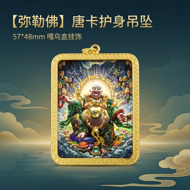 [主图 1] 弥勒佛唐卡吊坠产品首图
[氛围风格] 高端国风禅意文玩饰品，禅意静谧氛围感
[画面元素] 商业摄影质感、光线柔和通透、产品清晰真实、画面干净高级。弥勒佛唐卡吊坠居中放置，保持吊坠原有造型预览效果