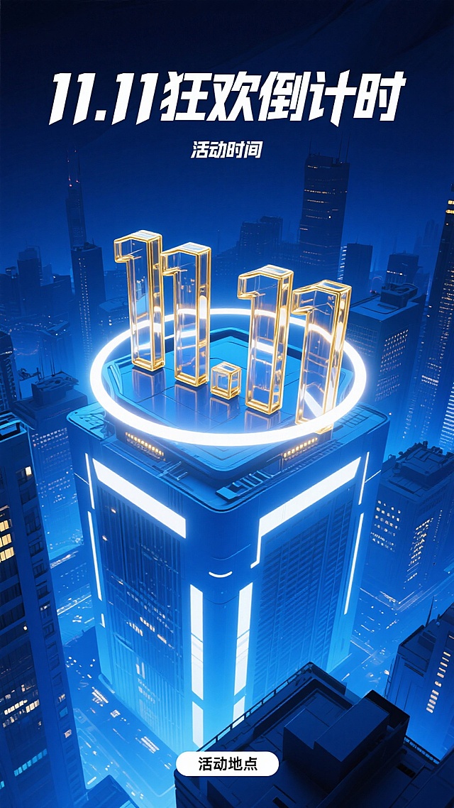 俯视视角，夜晚城市楼宇，顶部文字为“11.11狂欢倒计时”，标题白金鎏金边带玻璃凸纹立体效果，主视觉蓝色，高能数字“11.11”3D发光立体，未来主义材质渲染。