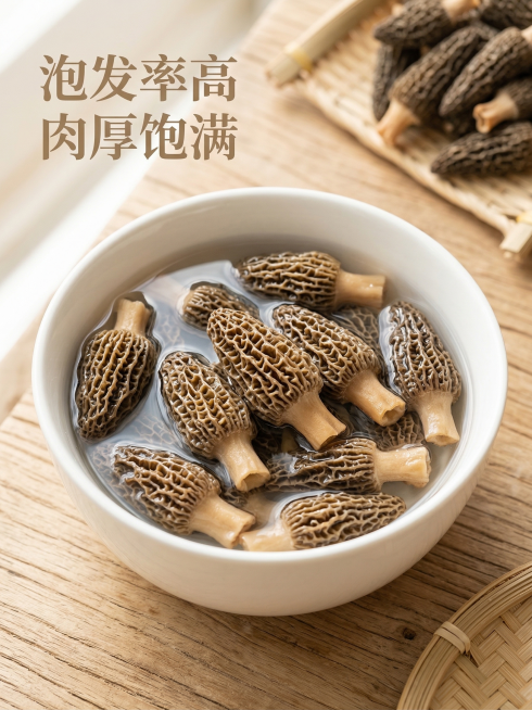 [主图 4] 干羊肚菌泡发场景展示图，将泡发好的羊肚菌放在干净陶瓷汤碗中，清澈的水没过羊肚菌，展示饱满舒展的形态，自然光从侧面照射，呈现自然通透感。画面左上角文案 "泡发率高 肉厚饱满"，保持和前几张预览效果