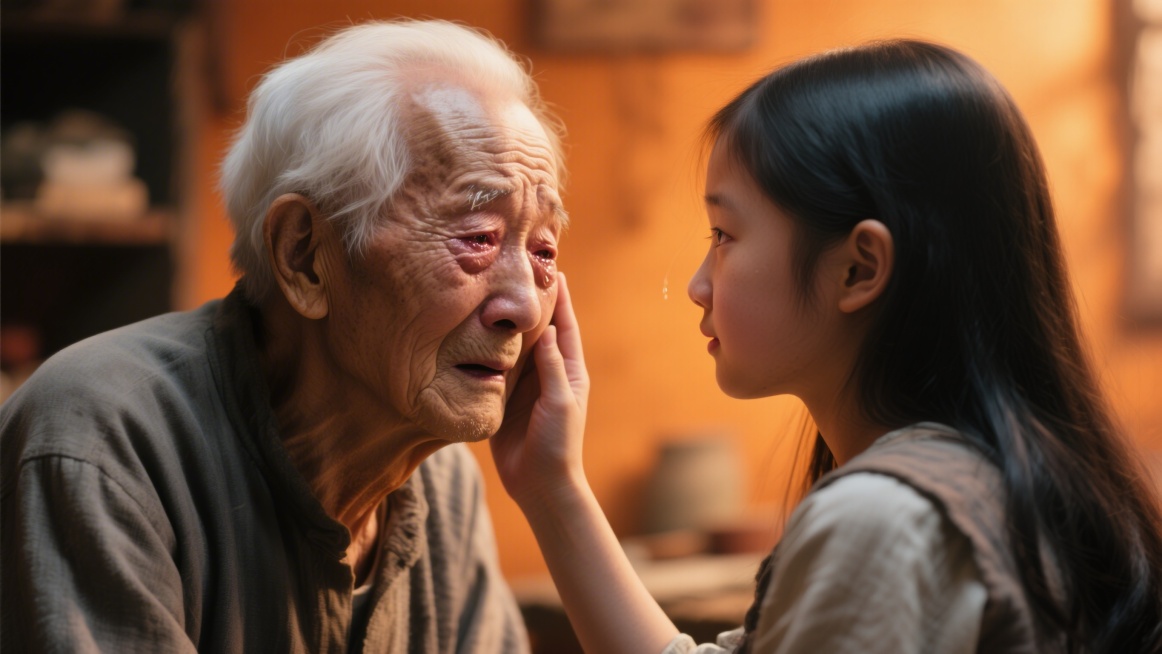 温暖橙色灯光下，一位白发苍苍颤颤巍巍的九旬老爷爷，眼含热泪凝视一个年轻少女，少女温柔伸手轻触老人脸颊，跨越时代的亲情相认，泪光闪闪，感人至深，超写实摄影，暖色调预览效果