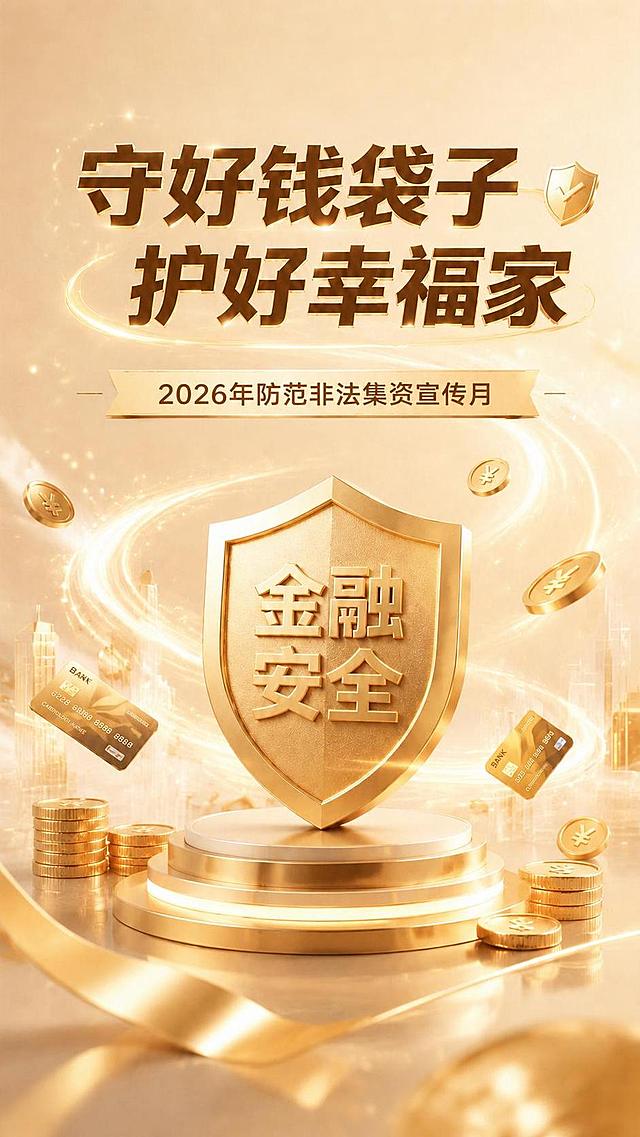 基于原图修改，仅将横幅上的文字"-提高风险防范意识 守护资金安全-"替换为"2026年防范非法集资宣传月"，保留原图所有其他元素：主标题"守好钱袋子 护好幸福家"、金色盾牌、金融安全文字、金币、银行卡、暖金色渐变背景、光效和整体风格不变，保持文字清晰可读，整体版式不变