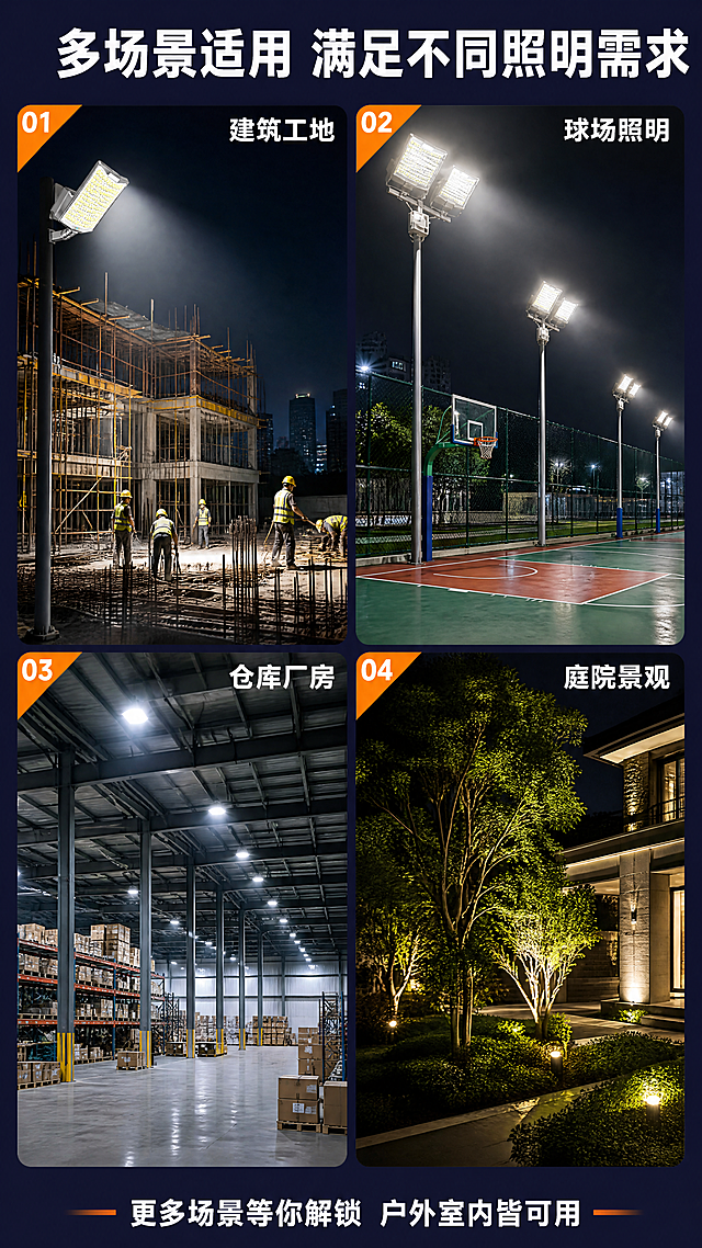[第7张] 场景拼图-LED投光灯4大应用场景。本张使用【图1】融入各场景。
[氛围/风格] 真实场景风，4宫格拼图，展示多场景适用性。
[元素布局] 画面为2×2宫格布局，每格一个应用场景，每个场景中都有本款LED投光灯在实际使用：左上「建筑工地」夜间施工场景，投光灯照亮脚手架和工人；右上「体育球场」篮球场夜间照明，多盏投光灯装在灯杆上；左下「工厂仓库」大型仓库内部照明，投光灯装在屋顶；右下「庭院景观」别墅花园夜景，投光灯打亮树木和建筑；每个场景中的灯具外观与输入图一致。
[光影质感] 每个场景都有真实的夜间照明效果，灯光自然，环境有层次；产品在场景中比例合适。
[配色色系] 全局底色 #1A1A2E 深紫蓝边框；主色各场景自然色调；辅助色白色场景标签、橙色角标。
[视角构图] 2×2宫格，阅读动线左上→右上→左下→右下。
[文字版式] 顶部主标题「多场景适用 满足不同照明需求」；每个场景角落有白色标签：「建筑工地」「球场照明」「仓库厂房」「庭院景观」；底部补充「更多场景等你解锁 户外室内皆可用」；每个场景中的灯具清晰可辨。
[比例分辨率] 9:16 竖版比例，4K 分辨率，文字清晰可辨，高清画质。
[负向提示词] 产品变形，场景不真实，灯具比例失调，水印，文字错乱，白天场景。