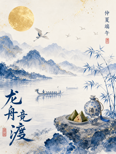 竖版端午节主题海报，新中式水墨鎏金风格，主色调为青花瓷蓝+白色+鎏金，画面整体为写意山水效果，8K清透质感。
主体画面：
- 背景：写意水墨山水，蓝白渐变晕染，搭配金色闪粉点缀，右侧有蓝色山峰、瀑布、预览效果
