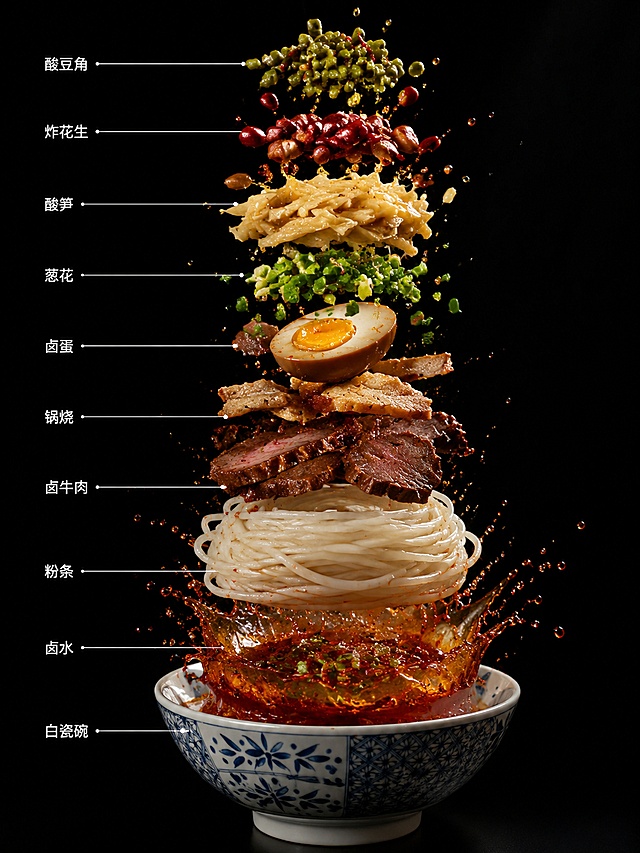 参考图中的桂林米粉食材，制作一张科技可视化的桂林米粉爆炸分解示意图，倾斜 45 度悬空，垂直中心轴分层悬空排列，所有食材沿碗的中心轴垂直展开，与碗中位置精准对齐。从上到下依次悬浮：酸豆角、炸花生、酸笋、葱花、卤蛋、锅烧、卤牛肉、粉条、卤水、白瓷碗，红汤呈油亮飞溅效果，连接各层。背景纯黑，专业棚拍侧逆光 + 柔光布光，突出汤汁油润光泽与食材真实纹理，色彩自然高级，拒绝过度饱和。画面中每个食材旁配有白色细线 + 中文标注 (如 “葱花”“酸豆角”)，字体清晰工整，不遮挡主体。8K 超写实美食摄影，细节拉满，整体呈现与相机一致的未来科技感悬空分解效果。