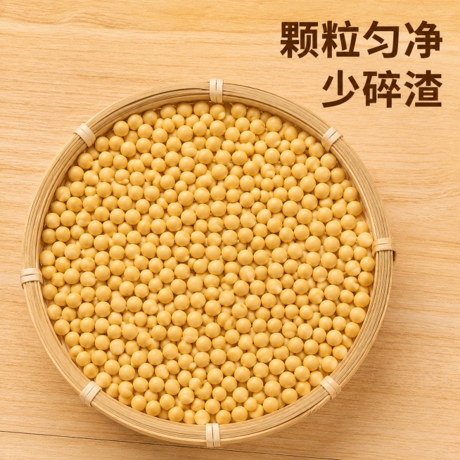 统一基础参数：8K 超高清，超写实商业食材摄影，1:1 正方形，窗边柔自然光，暖金黄色调，无包装、无水印
第 1 张：浅原木桌面上，一杯冒着热气的现磨黄豆浆，豆浆浓稠挂壁，旁边放一碟饱满金黄的生黄豆，预览效果