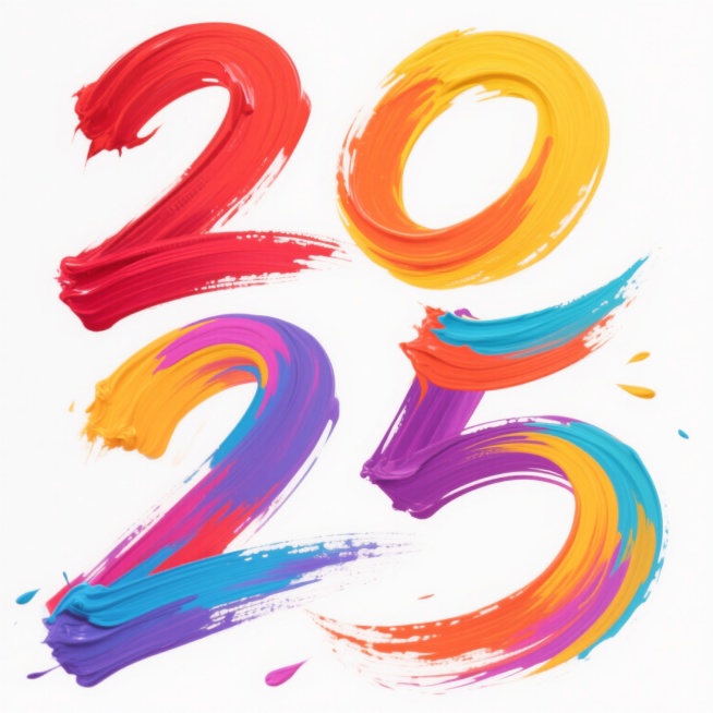 用浓厚的彩色颜料以流畅奔放的笔触书写的“2025”艺术字，数字由鲜艳的红色、明亮的黄色、温暖的橙色、清新的蓝色和紫色等多种色彩交织融合而成，色彩过渡自然且富有动感，笔触边缘带有轻微的飞白效果，整体呈现出活泼热烈、充满活力的氛围，背景为纯白色，使彩色数字更加突出醒目。预览效果