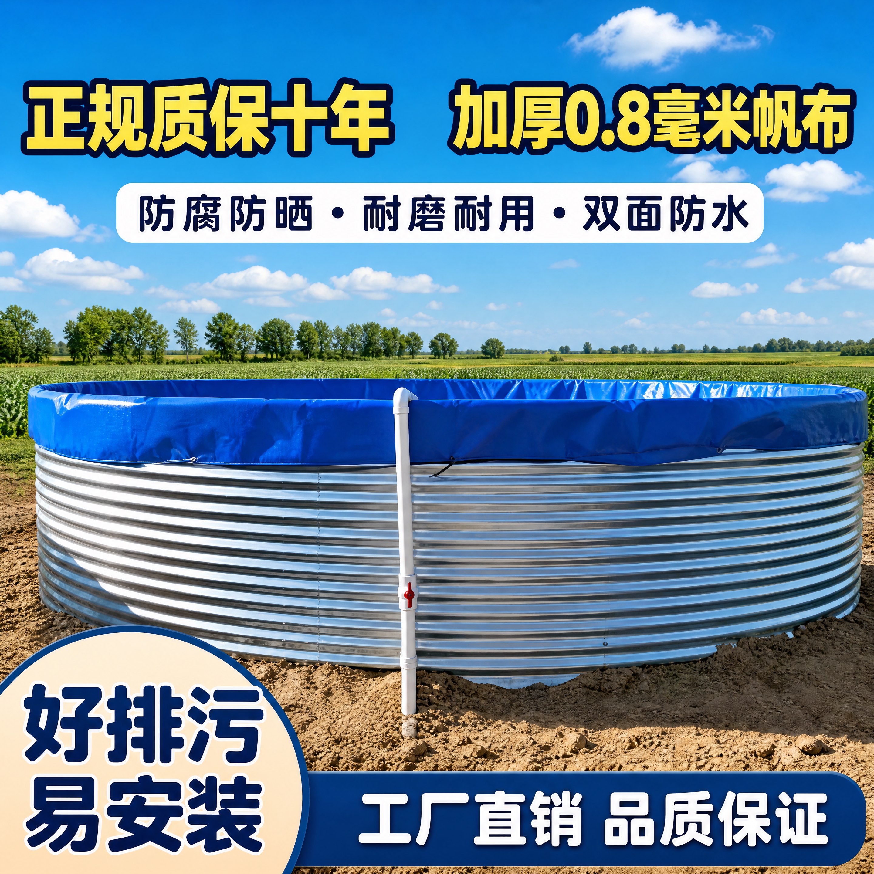 基于这张蓄水池电商图进行改版。1）保留产品本体：银灰色波纹镀锌… - 图片创意预览
