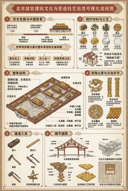 北京故宫信息可视化流程图A3大小展板，包含六个核心板块：1.历史发展与中国背景：阐述故宫从明永乐始建、历经明清两代的演变，突出其现存最大最完整木质结构古建筑的地位，解析皇权至上、中轴对称、天人合一的规预览效果