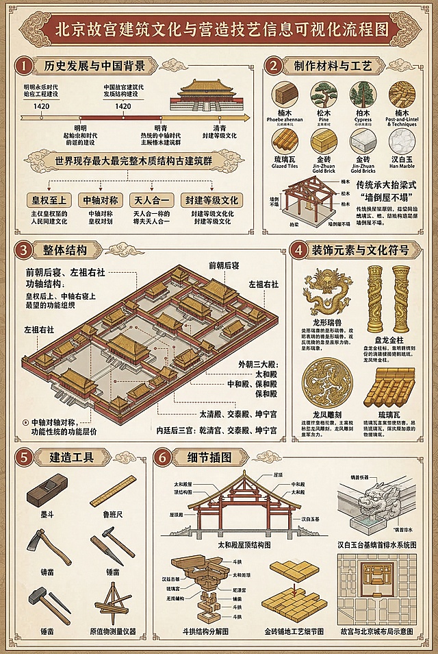 北京故宫信息可视化流程图A3大小展板，包含六个核心板块：1.历史发展与中国背景：阐述故宫从明永乐始建、历经明清两代的演变，突出其现存最大最完整木质结构古建筑的地位，解析皇权至上、中轴对称、天人合一的规划理念与封建等级文化。2.制作材料与工艺：展示楠木、松木、柏木、琉璃瓦、金砖、汉白玉等主要材料，介绍墙倒屋不塌的抬梁式木结构承重体系。3.整体结构：展示前朝后寝、左祖右社整体布局，标注外朝三大殿和内廷后三宫，解析中轴线对称布局与功能等级划分。4.装饰元素与文化符号：展示龙形瑞兽、盘龙金柱、龙凤雕刻、琉璃瓦等皇权象征装饰。5.建造工具：展示墨斗、鲁班尺、锛凿、锤凿、测量仪器等传统建造工具。6.细节插图：包含太和殿屋顶结构图、汉白玉台基螭首排水系统图、斗拱结构分解图、金砖铺地工艺细节图、故宫与北京城布局示意图。风格为复古精致高信息密度图解风，所有文字为专业中文知识解析，配色采用皇家红墙、黄瓦、金饰搭配汉白玉白色。