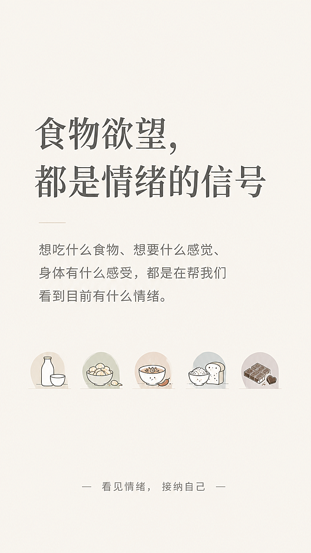 根据提供的文案设计一张简约高级风格的正念内容海报，竖版9:16比例，极简莫兰迪色调，大量留白。主标题文字为"食物欲望，都是情绪的信号"，副标题文字为"想吃什么食物、想要什么感觉、身体有什么感受，都是在帮我们看到目前有什么情绪。"，底部小字装饰"看见情绪，接纳自己"。整体设计：浅米色背景，深灰色标题，浅灰色正文，极简几何食物小图标点缀，排版精美留白充足，高级简约，文字清晰。画面中必须完整呈现所有文字，排版精致，四周留足安全边距。不添加多余装饰元素，风格统一简约高级。画面中必须完整呈现以下文字：想吃什么食物、想要什么感觉、身体有什么感受，都是在帮我们看到目前有什么情绪。