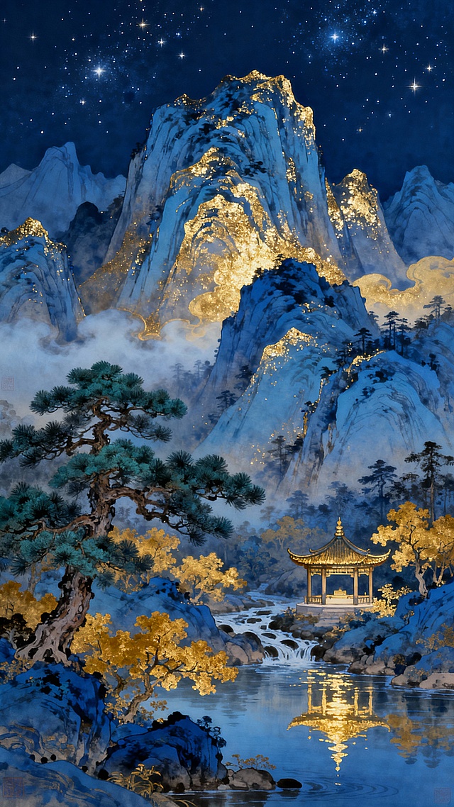 中国传统工笔重彩风格的发财主题山水画卷，深邃夜空点缀繁星，以青蓝色为主调的层叠山峦巍峨耸立，山体轮廓与纹理间勾勒流淌着璀璨的金色光泽，山间云雾缭绕泛着柔和光晕，近处苍劲青松与金黄渲染的树木相映成趣，山脚下一雅致古亭坐落于清澈溪流旁，水面倒映着金色光影与亭台楼阁，整体画面色彩和谐统一于蓝金配色，营造出祥瑞富贵、宁静悠远的氛围，兼具传统韵味与发财主题的吉祥寓意。