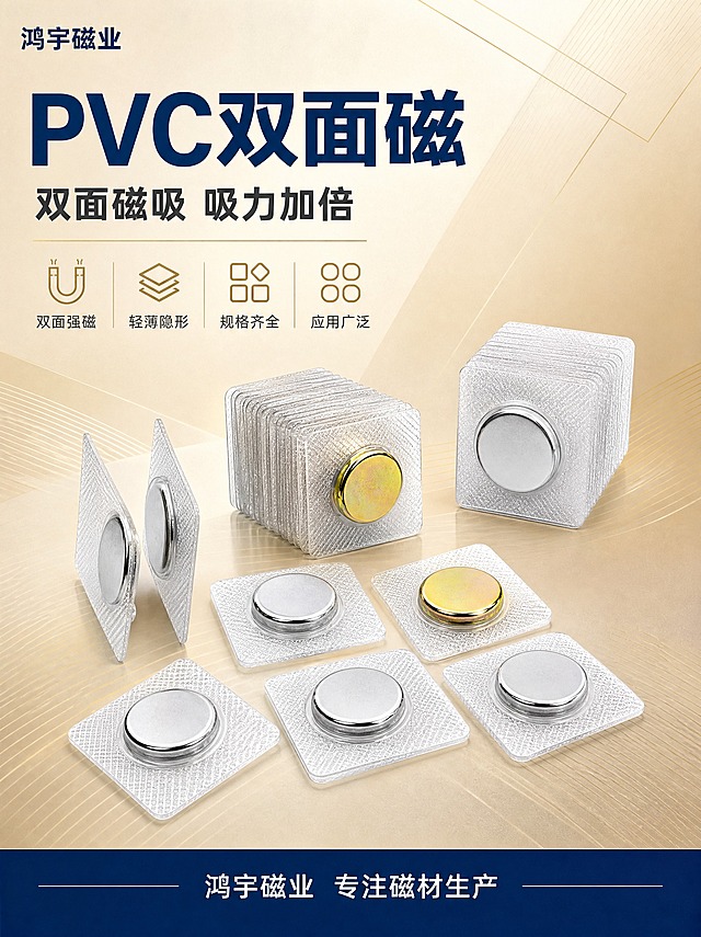 [商品] 使用【图1】【图4】【图8】PVC双面磁产品；保留透明PVC方形包胶底座（菱形格纹理）、中间镶嵌圆形银色/金色磁铁的双面磁结构，保留产品的透明质感和金属光泽，保留产品形状和比例；产品精修：清理表面灰尘和划痕，增强金属磁铁反光质感，提升PVC透明度，边缘更清晰。
[画面] 页面目标：专业头图，建立源头工厂品质感，突出双面磁特点。上下构图，上半部分为标题区，下半部分为产品展示区。画面中央偏下位置陈列多枚PVC双面磁产品，有平铺的、有堆叠的、有侧立展示双面结构的，金银两色都有展示，形成丰富的产品阵列，产品占画面约55%。背景为米金色渐变，带有淡淡的几何线条装饰。左上角用文字写"鸿宇磁业"，不加任何图形logo。底部有一条深蓝色信息条。
[视觉] 套系策略：风格=蓝金工业品质风，源头工厂专业感；标题字=现代粗黑体，厚重有力；正文字=简洁无衬线体；主色=深蓝色+米金色；背景延展=米金色到浅米色渐变，带细腻纹理质感；强调色=浅金色，用于图标、引线、标签；标题色=深蓝色；正文色=深灰色；组件=圆角信息卡、细线引线、浅金色图标；光影=柔和顶光，金属磁铁有细腻高光，PVC通透有质感。
[文字] 上部左侧主标题深蓝色大字写"PVC双面磁"，副标题写"双面磁吸 吸力加倍"，下方4个浅金色小图标配短文案：双面强磁、轻薄隐形、规格齐全、应用广泛。底部深蓝色信息条白字写"鸿宇磁业 专注磁材生产"。文字横排，层级清晰，不遮挡产品主体。
[规格] 图片比例3:4竖版，2K分辨率，避免变形、错字、文字过小、产品结构失真、颜色偏差、悬浮感、水印、平台Logo。