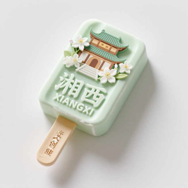 文创雪糕，画面主体为“湘西 XIANGXI”，立体古建筑、茉莉花元素装饰，浅绿色预览效果