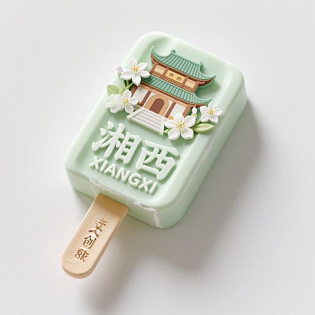 文创雪糕，画面主体为“湘西 XIANGXI”，立体古建筑、茉莉花元素装饰，浅绿色