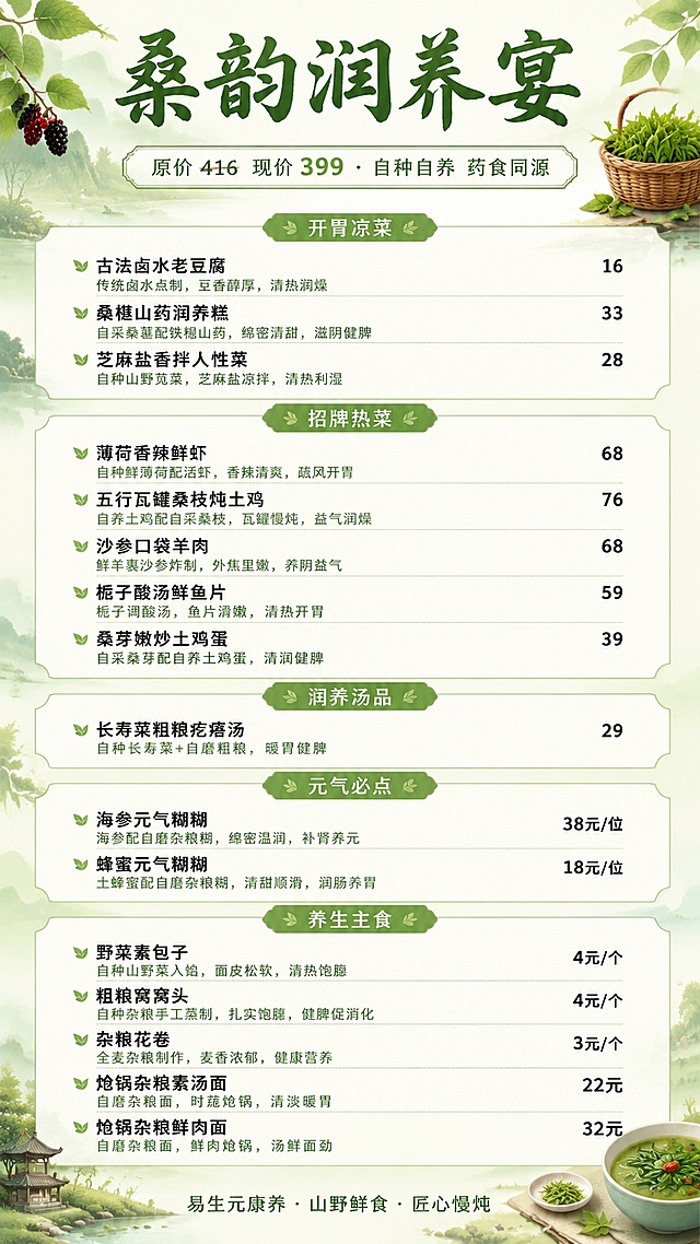 【居中 主标题】桑韵润养宴
【居中 副标题】原价416，现价399 · 自种自养 药食同源

【板块标题】开胃凉菜
古法卤水老豆腐                                  16
  传统卤水点制，豆香醇厚，清热润燥
桑椹山药润养糕                                  33
  自采桑葚配铁棍山药，绵密清甜，滋阴健脾
芝麻盐香拌人性菜                                28
  自种山野苋菜，芝麻盐凉拌，清热利湿

【板块标题】招牌热菜
薄荷香辣鲜虾                                    68
  自种鲜薄荷配活虾，香辣清爽，疏风开胃
五行瓦罐桑枝炖土鸡                              76
  自养土鸡配自采桑枝，瓦罐慢炖，益气润燥
沙参口袋羊肉                                    68
  鲜羊裹沙参炸制，外焦里嫩，养阴益气
栀子酸汤鲜鱼片                                  59
  栀子调酸汤，鱼片滑嫩，清热开胃
桑芽嫩炒土鸡蛋                                  39
  自采桑芽配自养土鸡蛋，清润健脾

【板块标题】润养汤品
长寿菜粗粮疙瘩汤                                29
  自种长寿菜+自磨粗粮，暖胃健脾

【板块标题】元气必点
海参元气糊糊                                38元/位
  海参配自磨杂粮糊，绵密温润，补肾养元
蜂蜜元气糊糊                                18元/位
  土蜂蜜配自磨杂粮糊，清甜顺滑，润肠养胃

【板块标题】养生主食
野菜素包子                                     4元/个
  自种山野菜入馅，面皮松软，清热饱腹
粗粮窝窝头                                     4元/个
  自种杂粮手工蒸制，扎实饱腹，健脾促消化
杂粮花卷                                       3元/个
  全麦杂粮制作，麦香浓郁，健康营养
炝锅杂粮素汤面                                  22元
  自磨杂粮面，时蔬炝锅，清淡暖胃
炝锅杂粮鲜肉面                                  32元
  自磨杂粮面，鲜肉炝锅，汤鲜面劲

【底部居中 小字】
易生元康养 · 山野鲜食 · 匠心慢炖