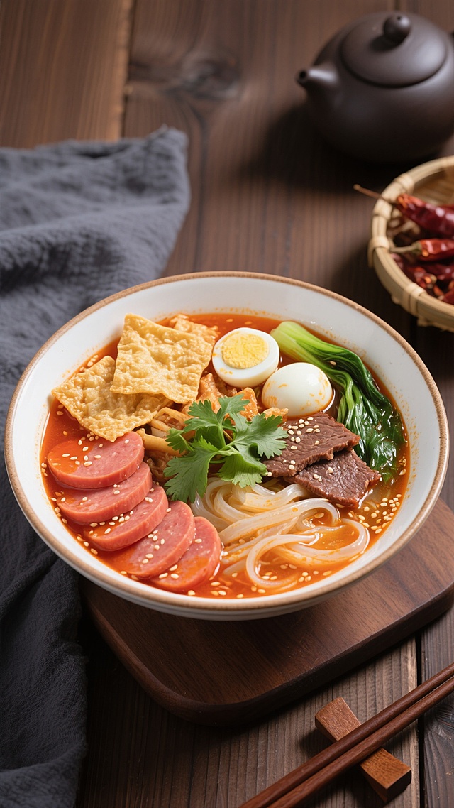 一碗热气腾腾的麻辣烫，汤汁呈现鲜亮的橙红色，表面漂浮着细密的白芝麻和翠绿的香菜，碗中丰富的食材清晰可见：切片的红色午餐肉、金黄的炸腐竹、白色的鹌鹑蛋、棕色的牛肉片、透明的宽粉、绿色的蔬菜，食材错落有致。碗是白色带浅褐色边缘的陶瓷碗，放置在深色木质砧板上，旁边有一双棕色筷子。背景为干净的深棕色木质桌面，左侧有一块深灰色的粗布，右上角隐约可见深色的茶壶轮廓和装有干辣椒的竹篮一角，整体画面保持写实摄影风格，色彩鲜明且和谐，光影柔和，营造出干净、诱人的氛围，适合作为背景素材使用。