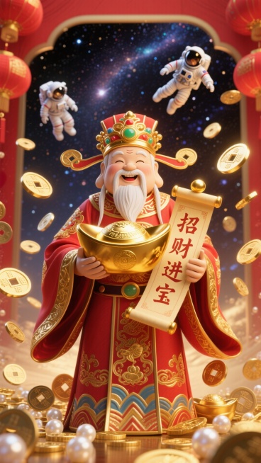 财神爷，一位慈祥的中国神祇，身穿华丽的红色和金色官袍，头戴官帽，手持大金元宝和“招财进宝”卷轴，周围漂浮着金币、铜钱和珍珠。用星空做背景
（一位宇航员从星空滑落）。金色光晕，红色主题，细节丰富，3D渲预览效果