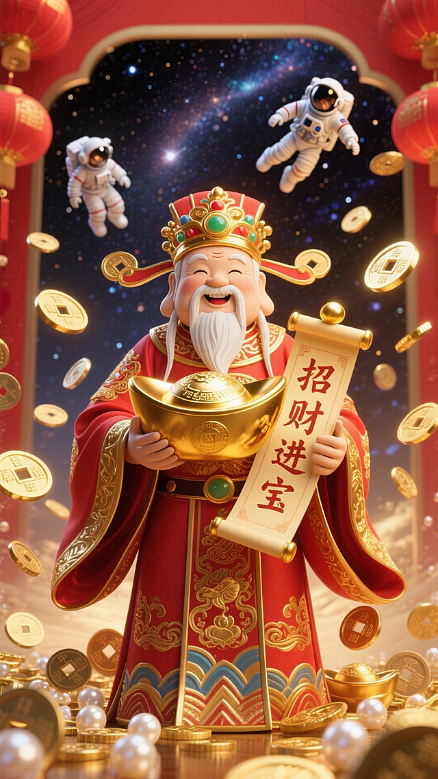 国潮风与未来感融合，3D重拟物设计呈现财神手持金元宝与“招财进宝”卷轴，背景星空宇航员穿梭，鎏金金属质感与红灯笼营造喜庆梦幻氛围。