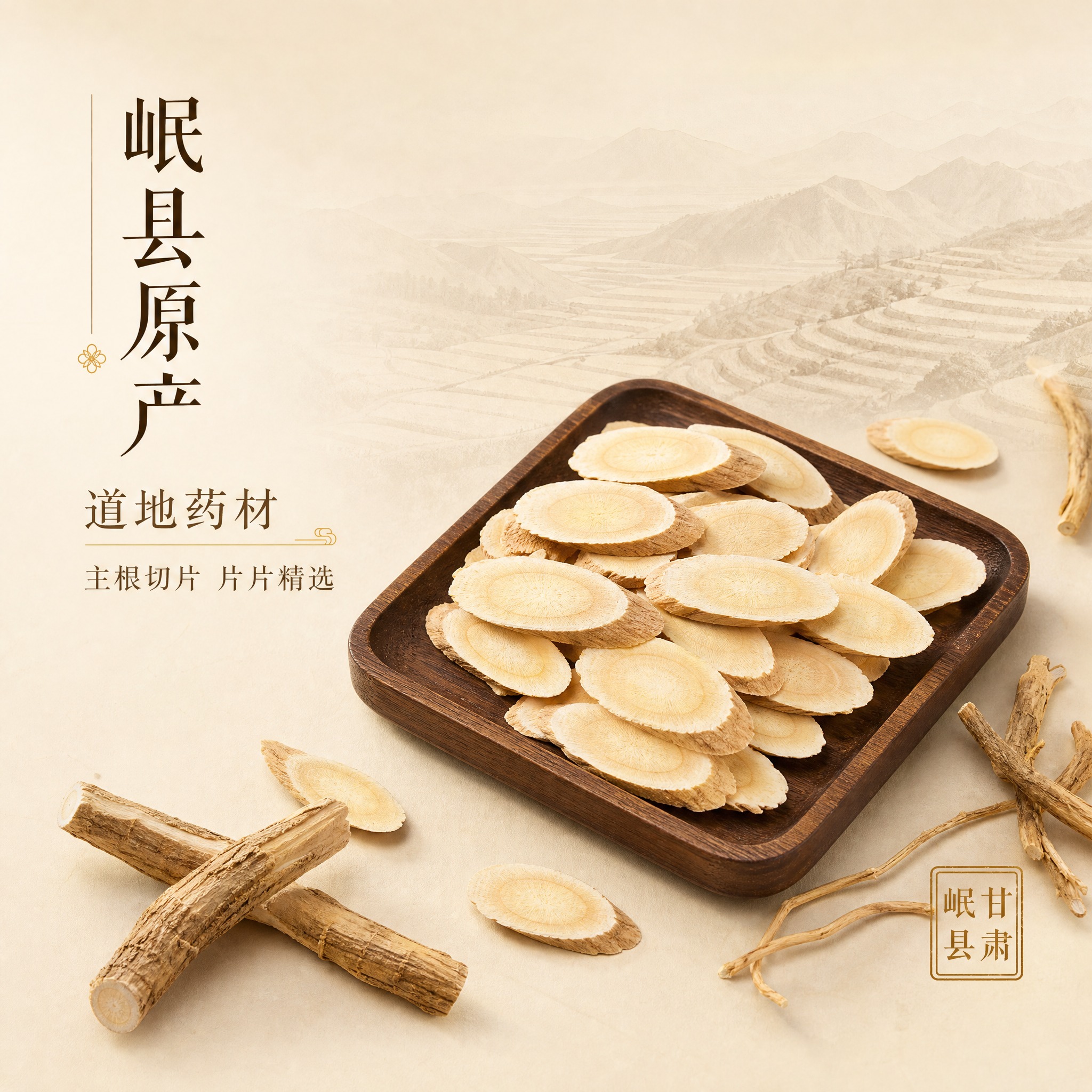 [主图-4] 黄芪片产地溯源图，突出甘肃岷县道地产地与主根切片… - 图片创意预览