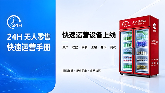 基于参考图的PPT封面进行优化重绘，智能无人售货机业务宣讲PPT封面，科技简约风格，浅蓝色调渐变背景，16:9横版PPT比例。页面左侧为蓝色渐变竖版区块，内有白色大字"24H 无人零售"和"快速运营手册"。页面右侧白色区域有黑色文字：标题"快速运营设备上线"，下方"账户·收款·安装·上架·补货·测试"，底部小字"智能货柜·即拿即走·自动结算"。整体左右分栏布局，简洁大气，商务科技感，文字清晰易读，字体为现代无衬线字体，画面干净专业，适合直接替换PPT封面使用。