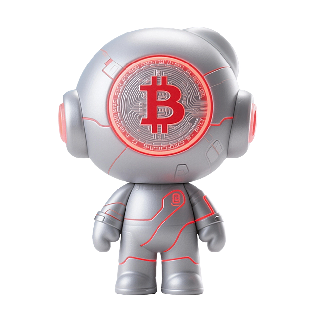 金融行业比特币IP形象，一个Q版人形浅灰色比特币，身体圆润，头部较大，眼睛是发光的红色科技感设计，身上有流线型的红色科技纹路，穿着简洁的未来感服饰，整体充满科技感，构图简洁，背景为白渐变，突出主体