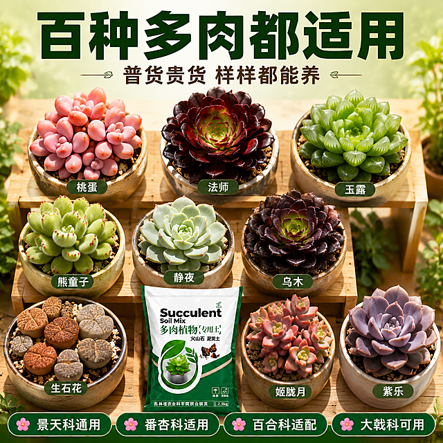 [主图-9] 适用多肉品种展示图主图。
[氛围风格] 拼多多风格 大字直白 品种丰富 覆盖面广 商业摄影质感。
[画质] 商业摄影质感、光线明亮柔和、多肉品种清晰、画面丰富饱满。
[元素] 画面采用九宫格或多盆多肉组合陈列的方式，展示多种不同品种的多肉植物，每种都种得状态很好：桃蛋、法师、玉露、熊童子、静夜、乌木、生石花、姬胧月、紫乐等常见热门品种，每盆都饱满上色好。画面中央或底部摆放一袋多肉专用营养土产品。背景为浅木色花架+淡绿色渐变，清新自然的园艺氛围。**保持多肉营养土产品包装外观与输入产品图一致，各品种多肉形态颜色准确**。整体主体占画面约70%。
[光影] 均匀明亮的自然光，从上方向下照射，每盆多肉都有清晰的光照和柔和的阴影，色彩鲜艳饱满，整体通透。
[配色] 主色调深森林绿+土棕色；辅助色米白、多肉多彩色（粉/橙/紫/绿）；强调色鲜绿色。与首图统一色板。
[视角构图] 俯视角度，九宫格整齐排列，构图丰富饱满，品种一目了然。
[文字版式] 画面顶部居中大标题「百种多肉都适用」，超大号粗黑体深绿色字，最醒目；标题下方副标题「普货贵货 样样都能养」，中号粗体棕褐色字；画面下方或角落排列4个带花朵图标的卖点标签：「🌸景天科通用」「🌸番杏科适用」「🌸百合科适配」「🌸大戟科可用」，白字深绿底圆角标签。每盆多肉旁可标注品种名称。文字清晰可读，不遮挡主体。
[输出要求] 1:1比例，文字清晰锐利，超高清商业摄影质感。
[负向提示词] 变形，文字错乱，产品图模糊，背景杂乱，水印，电商平台Logo，多余的手，畸形手。