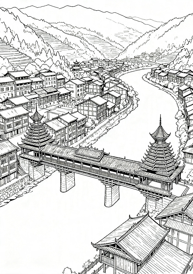 生成侗族风雨桥小镇的线稿图，整体为干净的黑白线条风格，展现侗族小镇中风雨桥横跨河流，周边分布侗族特色木质建筑与鼓楼，完整呈现小镇依山傍水的整体布局，线条清晰流畅，保留建筑结构细节，A3尺寸