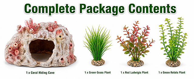 [第3屏] Complete Accessories Display. This screen uses [image6] as a layout reference, showing all packaging accessories. [Atmosphere/Style] Clean white background, product shooting, highlighting complete accessories, easy for buyers to understand the product content. [Element layout] Place the coral hiding cave and three aquatic plants in the picture, arranged in the way of main ornaments on the left, matching plants on the right, each product is clearly displayed, product shape and color remain unchanged, all accessories are complete, clear arrangement, do not crowd. [Light and shadow texture] Even soft bright light, clear texture of each accessory, natural soft shadow, clear product edge, true color. [Color matching] Background pure white, highlighting the colorful products, the overall picture is fresh and clean. [Perspective composition] 61:25 horizontal layout, product flatlay, center focus, comprehensive display of all accessories. [Text layout] Top title "Complete Package Contents", green bold font with white border, each main word capitalized, located at the top, do not block the product, all English. Each accessory can be labeled briefly if there is space. [Proportion resolution] 61:25 wide screen, 4K resolution, text clearly recognizable. [Negative prompt] Missing accessories, product deformation, color error, Chinese characters, watermark, background clutter, text confusion.
