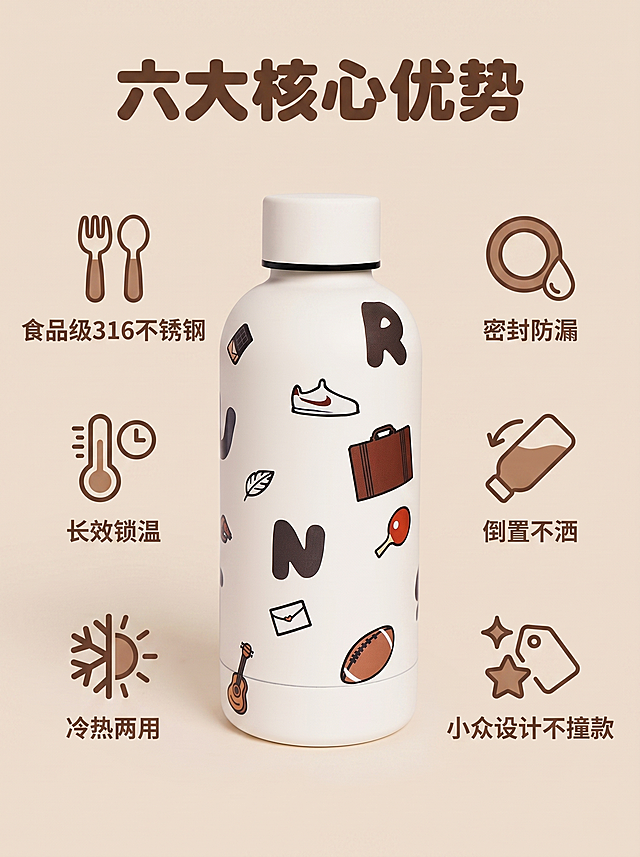 保温杯详情页核心卖点板块，延续可爱治愈风，浅奶米色调，标题文案“六大核心优势”，棕色粗体大字居中，六个卖点分两列排列：食品级316不锈钢、长效锁温、冷热两用、密封防漏、倒置不洒、小众设计不撞款，每个卖点配简约小图标，中心放置完整保温杯，保持杯身图案外观和原图一致，整体风格配色字体和前面主图保持统一，干净清晰，文字可读，3:4比例，商业摄影质感，超高清，负向提示词：变形，水印，文字错乱，产品图模糊，背景杂乱，配色刺眼