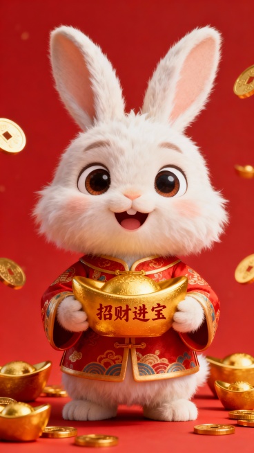 3D rendering of a cute [other animal, e.g., rabbit, cat, panda] wearing traditional Chinese God of Wealth costume, fluffy fur texture, big round eyes, smiling expression, holding a golden ingot with……预览效果