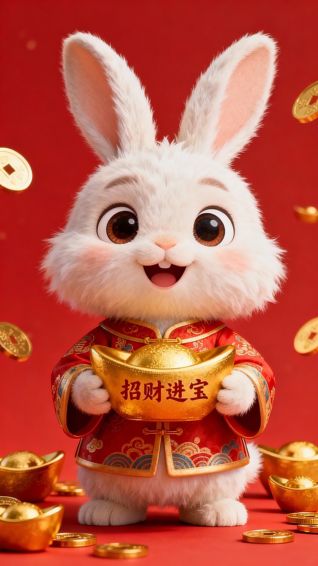 3D rendering of a cute [other animal, e.g., rabbit, cat, panda] wearing traditional Chinese God of Wealth costume, fluffy fur texture, big round eyes, smiling expression, holding a golden ingot with Chinese characters, red background, golden coins and ingots scattered around, vibrant colors, soft lighting, front view, high detail, 8K, ultra realistic, festive atmosphere.