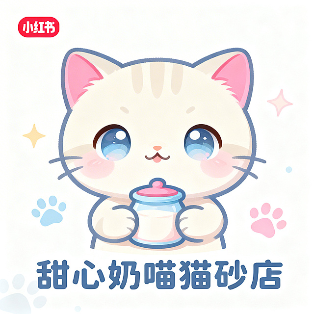 小红书头像logo，纯白色背景，可爱治愈风格，设计店铺logo，包含文字“甜心奶喵猫砂店”，猫咪元素，柔和甜美配色，适合作为店铺头像，高清干净
