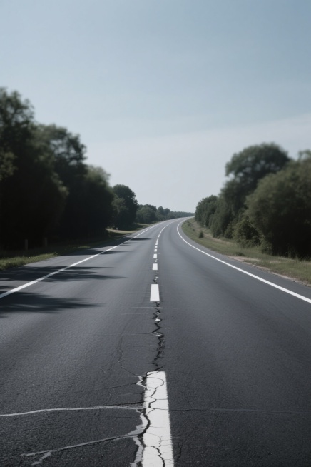 极简主义风格道路主题图片，纵向延伸构图，道路居中向画面深处汇聚，两侧留白，深灰色沥青路面为主色调，搭配白色车道线作为视觉引导，远处有道路转折点，路面有细微纹理如裂缝和车辙，两侧有模糊的绿化树影和天空线预览效果
