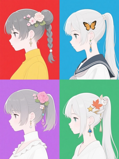 六个不同纯色背景（如正红、明黄、宝蓝、草绿、粉紫、纯白）上规整排布的系列插画，每张均为二次元少女侧颜半身像，保持细腻流畅的日式动漫线稿风格、精致的五官刻画、柔和的灰度阴影表现，以及头发上带有花朵发饰、耳戴耳坠的元素类目一致性，但每张分别展示不同发型（双马尾、单麻花辫、丸子头、短发波波头、高马尾、长直发）、不同发饰（樱花、玫瑰、蝴蝶、星星、枫叶、羽毛）、不同耳饰（珍珠、铃铛、宝石、流苏、几何形、……预览效果