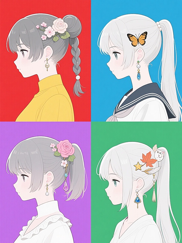 六个不同纯色背景（如正红、明黄、宝蓝、草绿、粉紫、纯白）上规整排布的系列插画，每张均为二次元少女侧颜半身像，保持细腻流畅的日式动漫线稿风格、精致的五官刻画、柔和的灰度阴影表现，以及头发上带有花朵发饰、耳戴耳坠的元素类目一致性，但每张分别展示不同发型（双马尾、单麻花辫、丸子头、短发波波头、高马尾、长直发）、不同发饰（樱花、玫瑰、蝴蝶、星星、枫叶、羽毛）、不同耳饰（珍珠、铃铛、宝石、流苏、几何形、小动物造型）和不同衣领样式（立领、圆领、V领、方领、荷叶领、水手领），整体构图统一为头部微侧、目光低垂的恬静姿态，形成风格高度统一又各具细节变化的系列素材集合。