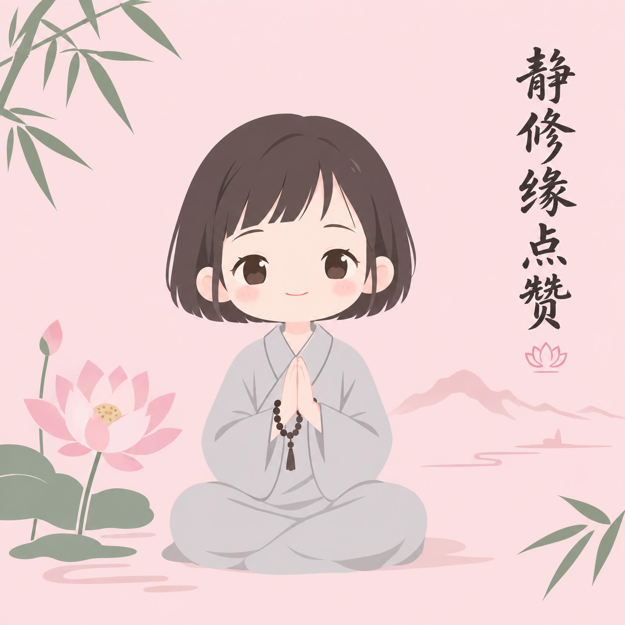 禅意风格Q版表情包第1帧，女版小尼姑，齐耳短发，穿浅灰色僧袍，… - 图片创意预览