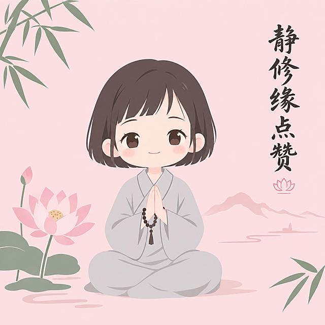 禅意风格Q版表情包第1帧，女版小尼姑，齐耳短发，穿浅灰色僧袍，盘腿打坐姿势，面带微笑，双手在胸前位置，背景为淡粉色纯色简笔山水，有莲花和竹叶元素，画面右侧有书法文字"静修缘点赞"，整体色调淡雅粉嫩，极简画风，纯色背景，低细节扁平化风格