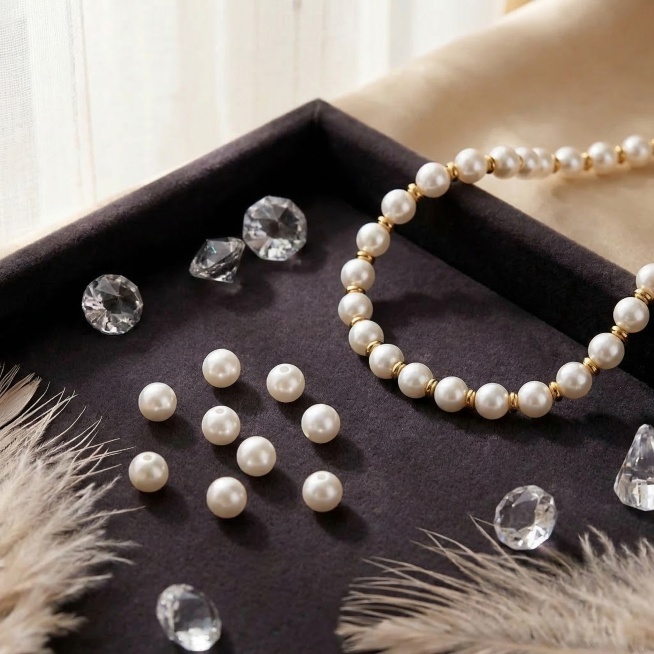 商业高端商品展示图，主体是珍珠珠宝（包含一串珍珠项链和散落的珍珠），保持产品原有物理结构和排列不变，珍珠和金色隔片结构保留，整体放置在深色丝绒首饰托盘上，搭配精致水晶装饰和柔滑羽毛。采用极近微距特写拍预览效果