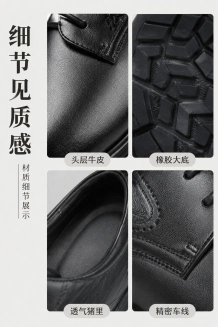 [第4屏] 材质细节-头层牛皮休闲皮鞋材质微距展示。本屏使用【图3】+【图8】组合展示。
[标题版式]：左侧竖排标题，右侧四宫格展示细节，整体简约有序。
[氛围/风格] 近距离微距质感，突出真实材质纹预览效果