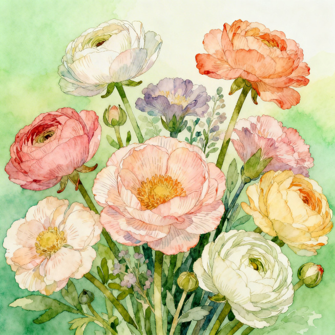 清新治愈风格的花卉插画，画面中有多种盛开的鲜花，色彩柔和丰富，花瓣纹理细腻，背景是淡绿色渐变，整体氛围温馨自然预览效果