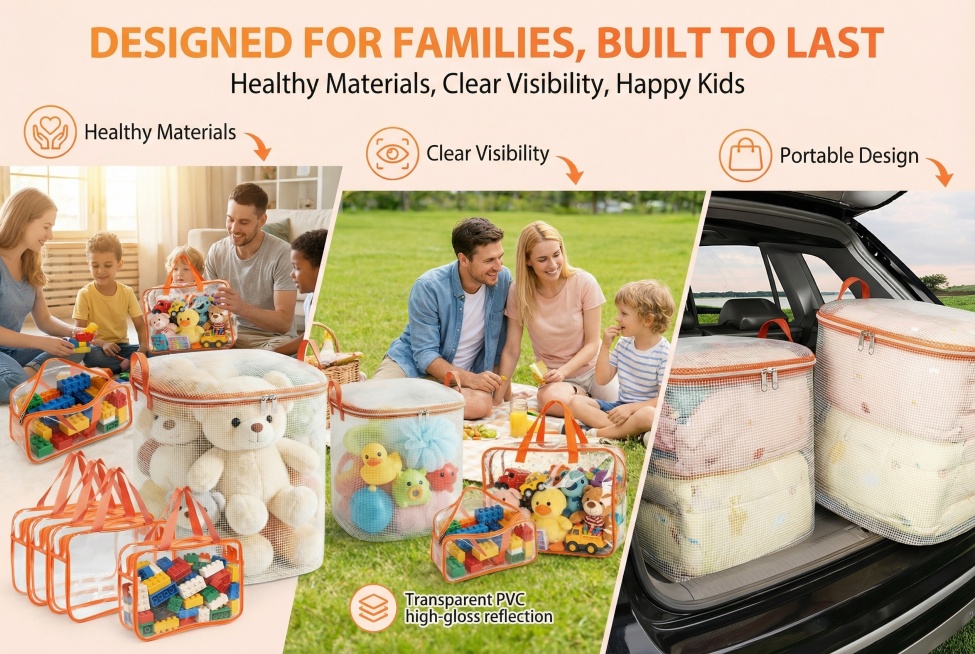 970*600横版，画面展示父母与孩子在客厅、户外野餐、汽车后备箱等多个场景中使用收纳袋的温馨画面，产品作为家庭生活好帮手的角色清晰可见。主标题 "DESIGNED FOR FAMILIES, BUI预览效果