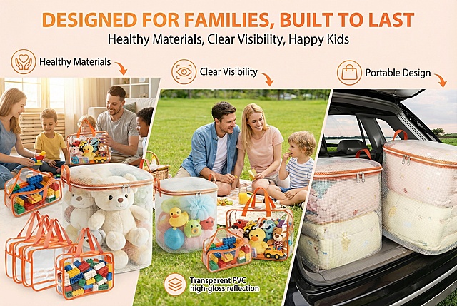 970*600横版，画面展示父母与孩子在客厅、户外野餐、汽车后备箱等多个场景中使用收纳袋的温馨画面，产品作为家庭生活好帮手的角色清晰可见。主标题 "DESIGNED FOR FAMILIES, BUILT TO LAST"，副标题 "Healthy Materials, Clear Visibility, Happy Kids"。背景为高清家庭生活场景，光线温暖，用图标标注 "Healthy Materials""Clear Visibility""Portable Design"，传递品牌可靠、注重家庭品质的调性。严格还原上传产品图的包装设计、颜色、LOGO位置、文字内容、图案元素等所有细节；保持产品的真实材质质感，透明PVC高光质感，橙色织带哑光质感。不要使用不相关的家庭场景；不要模糊产品在场景中的作用；不要出现与参考图不一致的包装设计或品牌元素；不要使用低分辨率或模糊的人物场景；不要改变产品在场景中的摆放方式。